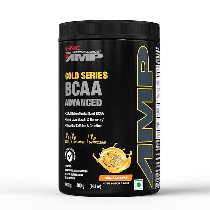 GNC AMP Gold Series BCAA Advanced | 400 gm | 30 Servings | Fastest Muscle Recovery | Maximized Workout Performance | Formulated In USA | 7g BCAA | 1g L-Glutamine | 1g L-Citrulline | Orange